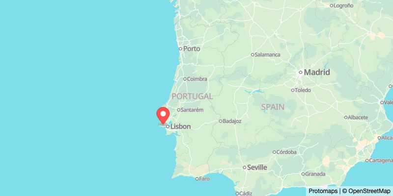 Map of Portugal and Spain with a red pin near Lisbon marking where the workshop is